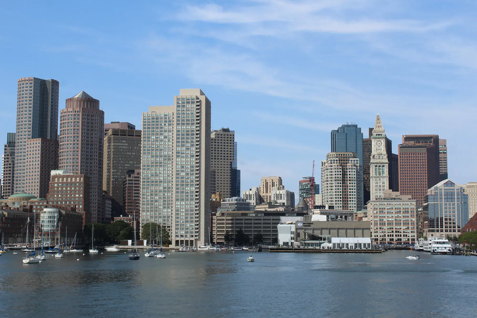 Office towers of a financial district seen across the water